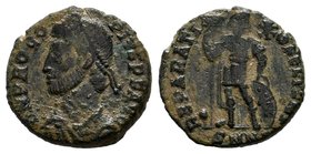 Procopius. Usurper, AD 365-366. Æ. Nicomedia mint, 3rd officina. Pearl-diademed, draped, and cuirassed bust left / Procopius standing facing, head rig...