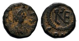 Leo I. A.D. 457-474. AE nummus, indeterminable , Struck A.D. 472-474. no legible legend, diademed head of Leo I right / Monogram of Leo (RIC monogram ...