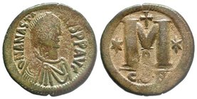 Anastasius I, AE Follis. 491-518 AD. Constantinople. DN ANASTASIVS PP AVG, pearl diademed, draped, cuirassed bust right / Large M, star left, cross ab...