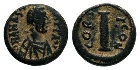Anastasius I, AE decanummium, 491-518 AD. Constantinople. D N ANASTASIVS PP AVG, pearl diademed, draped, cuirassed bust right / CON-CORD large I. SB 2...