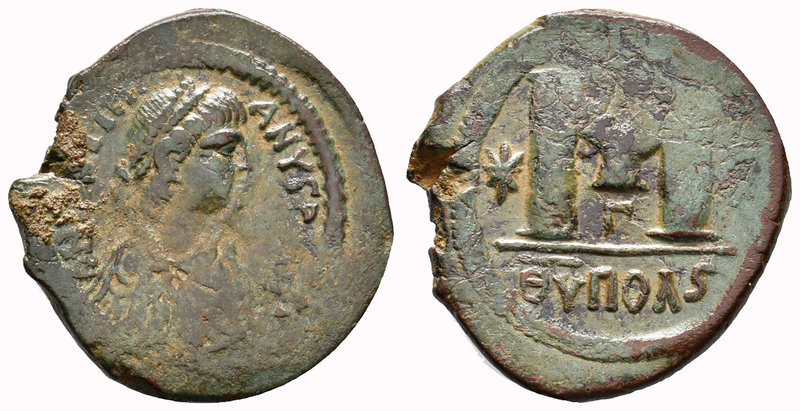 Justinian I, AE Follis. Antioch. DN IVSTINIANVS PP AVG, pearl diademed, draped, ...