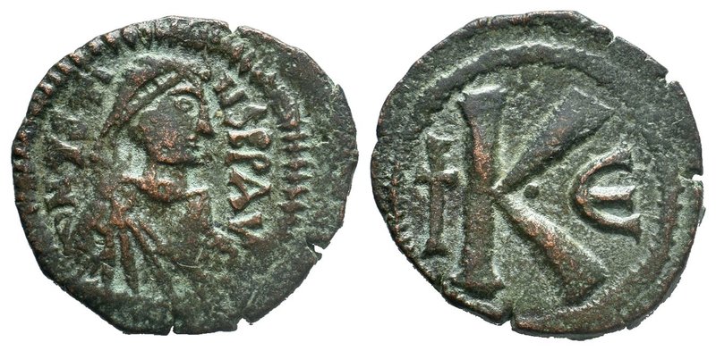 Justin I, 518-527 AD. Constantinople mint. AE Half-follis. DN IVSTINVS PP AVG, p...