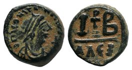 Justinian I, AE 12 nummi, 527-565 AD, Alexandria. DN IVSTINIANVS PP AVG, pearl diademed, draped, cuirassed bust right / Large I-cross-B, mintmark AΛEZ...