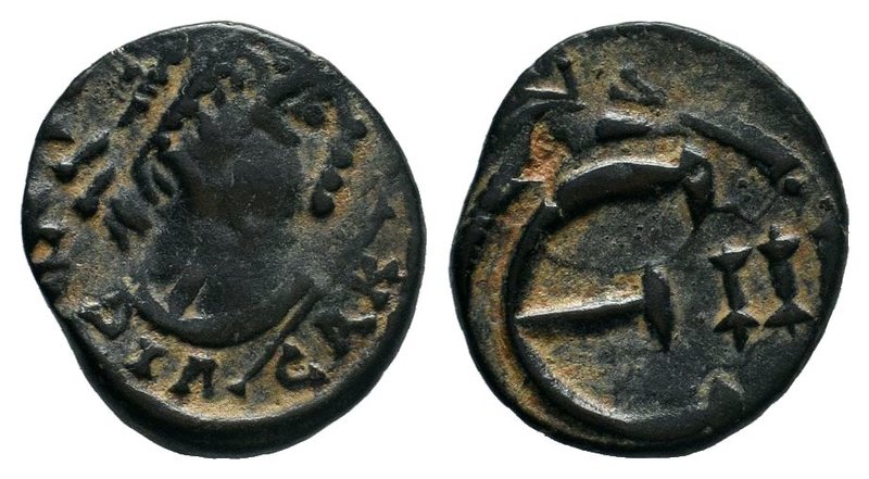 Justinian I, AE Pentanummium, Carthage. DN IVSTINIANVS PP AVG, pearl diademed, d...