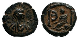 Justin I, 518-527 AD, AE Pentanummium, Antioch. DN IVSTINVS PP AV, pearl diademed, draped, cuirassed bust right / Tyche of Antioch, turreted, seated l...