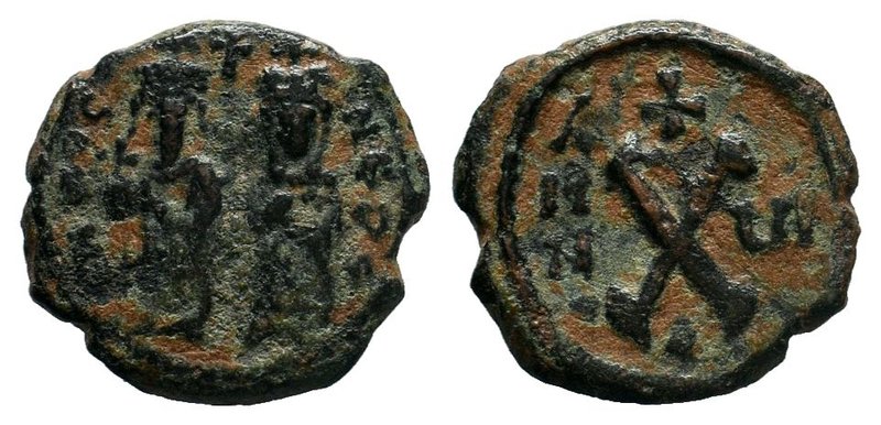 Phocas and Leontia. 602-610 AD. AE Half Follis. Antioch. ON FOCA NEPE AV, Phocas...