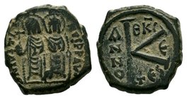 Justin II & Sophia AE Half Follis. 565-578 AD. Thessalonica mint. D N IVSTINVS P P AVG, Justin at left, Sophia at right, seated facing on double-thron...
