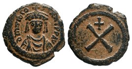 Tiberius II, AE Decanummium, Constantinople. DM TIB CONTAN PP AVI, crowned, draped and cuirassed bust facing / Large X, cross above. no mintmark. SB 4...