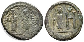 Maurice Tiberius and Constantina, 582-602 AD, AE Follis. Cherson. XEPCWNOC, Maurice on left, holding cross on globe, Constantina on right, transverse ...