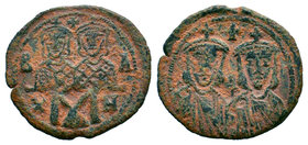 Leo IV and Constantine VI. 776-780 AD. AE Follis. Constantinople. No legend, Leo IV unbearded, on left, and Constantine, bearded on right, both seated...
