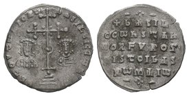 Basil II and Constantine VIII. 976-1025 AD. AR Miliaresion. En TOVEw nICAT bASILEI C CwNST, cross crosslet, with X at centre and dot in crescent on sh...