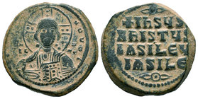 Class A1 Anonymous Follis. +EMMANOVHA IX-XC, Bust of Christ facing with nimbus cross with two dots in each limb of the cross, holding book of Gospels ...