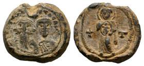 Lead Seal of Emperors Heraclius and his son Constantinus III (or Heracleonas) , (ca AD 630-641). Obverse: The busts of the emperors Heraclius and his ...