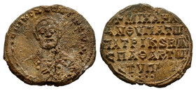 Lead seal of Michael Stypites, anthypatos, patricios and imperial protospatharios , (ca 9th/10th cent.). Obverse: The bust of saint Nicholas en face, ...
