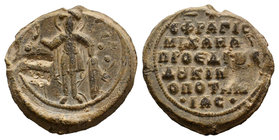 Lead Seal of Michael protoproedros and dux of Mesopotamia (11th cent.), Obverse: Saint Theodore en face, full-lenght, nimbate, wearing military garmen...