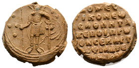 Lead Seal of Philotheos domestikos of Eoas (East) and protosevastos (11th cent.), Obverse: Saint Theodore en face, full-lenght, nimbate, wearing milit...