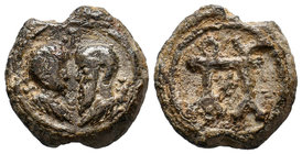 Byzantine lead seal (bulla) 6th-7th century AD , Very RARE , Confronted busts of Saints Peter and Paul, the left bust wearing short beard, the right b...