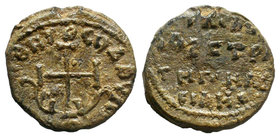 Lead seal of N. strategos Nakianos (10th cent.) Diam.: mm Weight: gr. Condition: VF. Light brown natural patina. Obverse: Patriarchal cross on three(?...