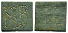A square bronze coin weight for 2 nomismata (solidi) (ca 5th/7th cent.) Weight of 2 Nomismata (Bronze, 20 mm, 8.85 gr), a uniface square commercial we...
