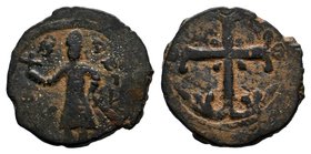 Crusaders, Edessa. Baldwin II. Second reign, 1108-1118. Æ Follis . Struck circa 1110-1118. Baldwin standing left, wearing conical helmet and chain-arm...