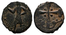 Crusaders, Edessa. Baldwin II. Second reign, 1108-1118. Æ Follis. Baldwin standing left, wearing conical helmet and chain-armor, holding globus crucig...