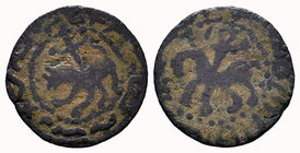 Post-Roupenian coinage. Æ Takvorin . King on horseback right, holds cross; pseudo-Armenian letters in legend / Lion right, cross above; pseudo-Armenia...