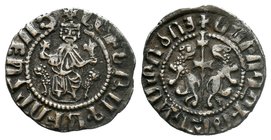 ARMENIA, Cilician Armenia. Royal. Levon I, 1198-1219. AR Tram . Levon seated facing on throne decorated with lions, holding cross and lis, with left f...