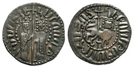 ARMENIA. HETOUM I and Queen ZABEL, 1226-1270. AR Tram. Queen Zabel and King Hetoum standing facing, holding a long cross with a star at the bottom bet...