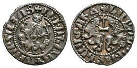 ARMENIA, Cilician Armenia. Royal. Levon I, 1198-1219. AR Tram . Levon seated facing on throne decorated with lions, holding cross and lis, with left f...