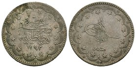 Ottoman Empire Murâd V, 1293 H./1876 AD 20 Qurush 1283 H/year 1, Qustantînîya. K./M. 22 
Diameter: 37 mm
Weight: 23.83 gr
Condition: Very Fine
Pro...