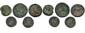 Lote de 5 piezas. ILTIRTA, as y unidad; BOLSKAN, denario y denario forrado; CASTULO, semis. BC+/MBC+.