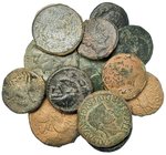 Lote de 15 monedas ibéricas y 2 hispano-romanas: unidad (7), as (5), semis (2) y cuarto. Varias cecas, norte y 1 de la Narbonense. BC-/BC+.