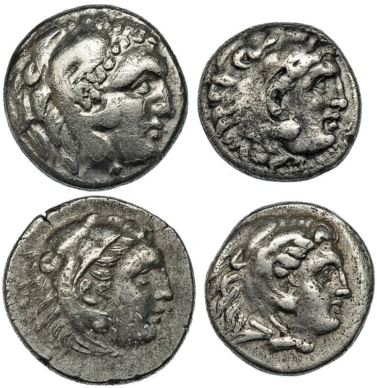 Lote de 4 piezas (finales S. III a.C.). 3 dracmas de Alejandro III (A/ Cabeza de...
