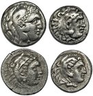 Lote de 4 piezas (finales S. III a.C.). 3 dracmas de Alejandro III (A/ Cabeza de Heracles; R/ Zeus entronizado) y 1 octóbolo de Kallatis (A/ Cabeza de...