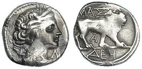 GALIA. Massalia. Dracma (100-49 a.C.). A/ Busto de Artemisa a der. R/ León avanzando a der., A entre las patas y en el exergo DEH. AR 2,57 g. COP-796 ...