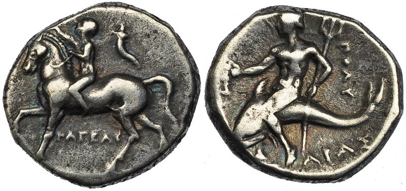 CALABRIA. TARENTO. Didracma (272-235 a.C.). A/ Jinete a izq. R/ Taras sobre delf...