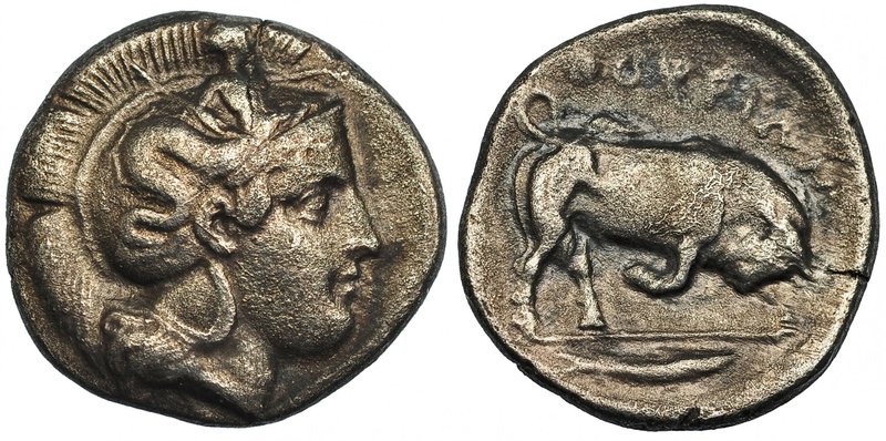 LUCANIA. THORIUM. Didracma (400-350 a.C.). A/ Cabeza de Atenea a der. con casco ...