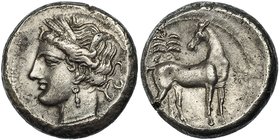 ZEUGITANIA. CARTAGO. Shekel (300 a.C.). A/ Cabeza femenina a der. R/ Caballo con cabeza vuelta delante de palmera, delante estrella. COP-141. SBG 2-64...