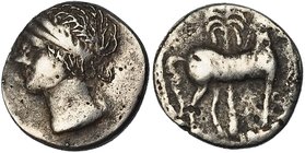 ZEUGITANIA. CARTAGO. 1/2 shekel (215-205 a.C.). A/ Cabeza femenina con espigas. R/ Caballo parado delante de palmera. COP-367-368 vte. BC+.
