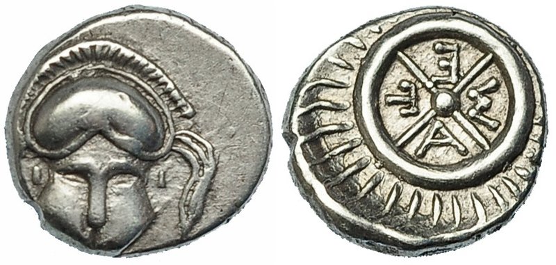 TRACIA. MESEMBRIA. Dióbolo (450-350 a.C.). A/ Casco de frente con penacho. R/ Ru...