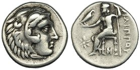 MACEDONIA. FILIPO III. Dracma. Sardes (334-323 a.C.). A/ Busto de Heracles a der. con piel de león. R/ Zeus sentado con cetro y águila a izq. con mono...