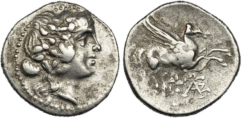 ILLYRIA. CORCYRA. Didracma (229-48 a.C.). A/ Cabeza de Dionisos a der. R/ Pegaso...