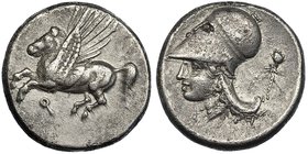 CORINTIA. CORINTO. Estátera (375-300 a.C.). A/ Pegaso volando a izq., debajo Q R/ Cabeza de Atenea con casco a izq., detrás Thyrsus, bajo la barbilla,...