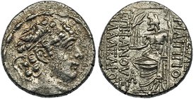 REINO SELEÚCIDA. FILIPO I. Tetradracma (93-83 a.C.). R/ Zeus sentado a izq. con Nike y cetro; bajo el trono, monograma. AR . COP-425 vte. SBG-7196 vte...