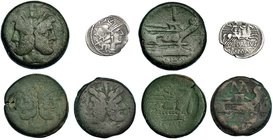 Lote de 4 piezas. 3 ases (Matiena, Caecilia, y uncial anónimo); y 1 denario de Aelia. De BC a MBC-.