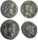 Lote de 4 monedas: denario, quinario y victoriatos (2). Una de ellas partida. BC+/MBC-.