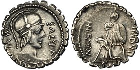 AQUILIA. Denario serrato. Roma (71 a.C.). A/ Busto de Virtus con casco a der., delante VIRTVS, detrás III VIR. R/ Manlio Aquilio ayudando a Sicilia; l...