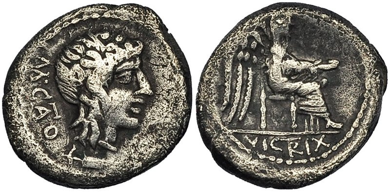 PORCIA. Quinario. Roma (89 a.C.). A/ Cabeza de Liber a der.; debajo símbolo timó...