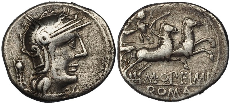 OPIMIA. Denario. Roma (131 a.C.). A/ Cabeza de Roma a der., detrás trípode. R/ B...