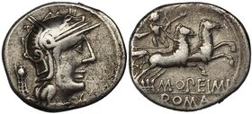 OPIMIA. Denario. Roma (131 a.C.). A/ Cabeza de Roma a der., detrás trípode. R/ Biga a der. conducida por Apolo; debajo, ley. M. OPEIMI / ROMA. FFC-950...